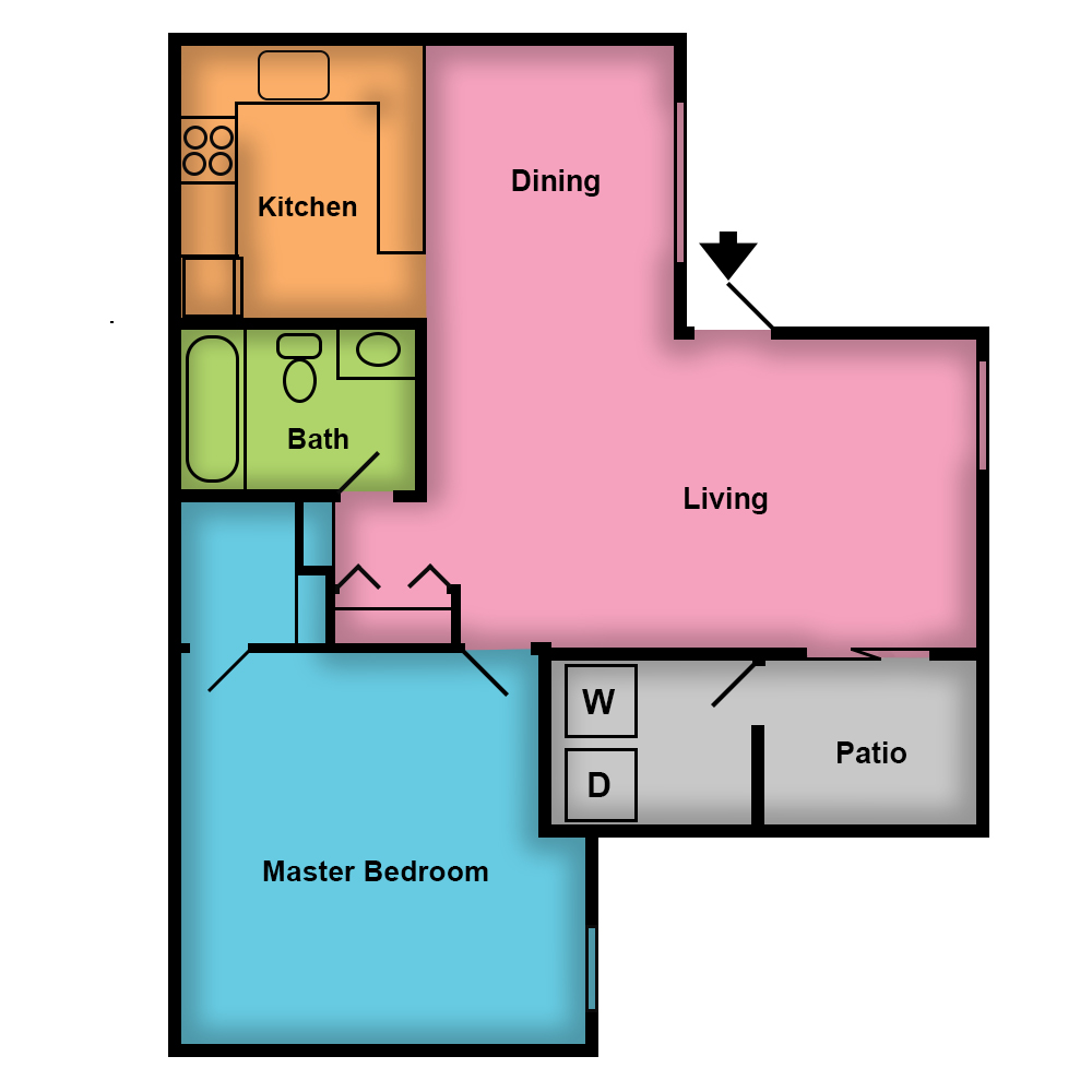 This image is the visual schematic floorplan representation of 1 Bed | 1 Bath at The Circa Apartments.
