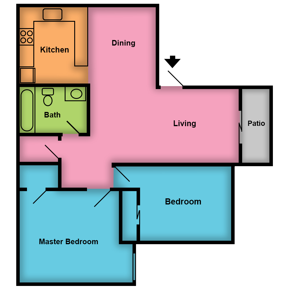 This image is the visual schematic floorplan representation of 2 Bed | 1 Bath  at The Circa Apartments.