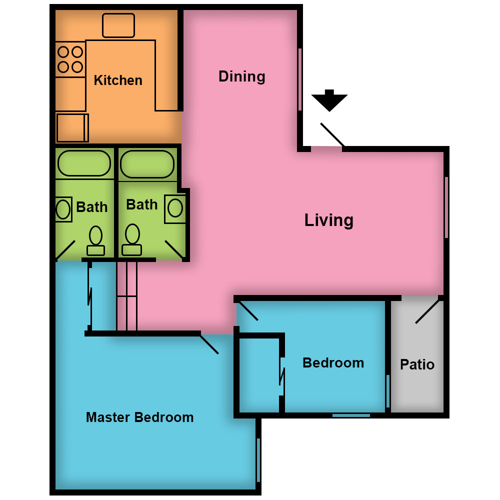 This image is the visual schematic floorplan representation of 2 Bed | 2 Bath  at The Circa Apartments.