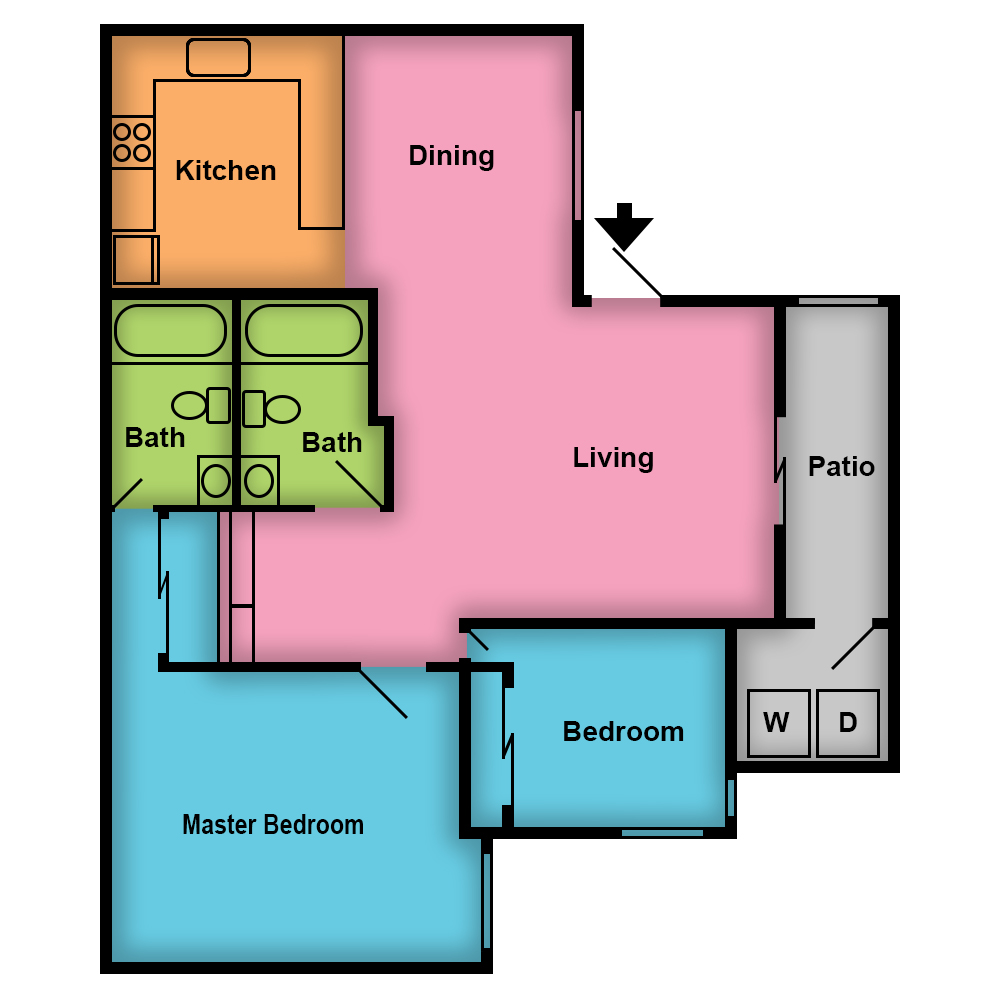 This image is the visual schematic floorplan representation of 2 Bed | 2 Bath | Large at The Circa Apartments.